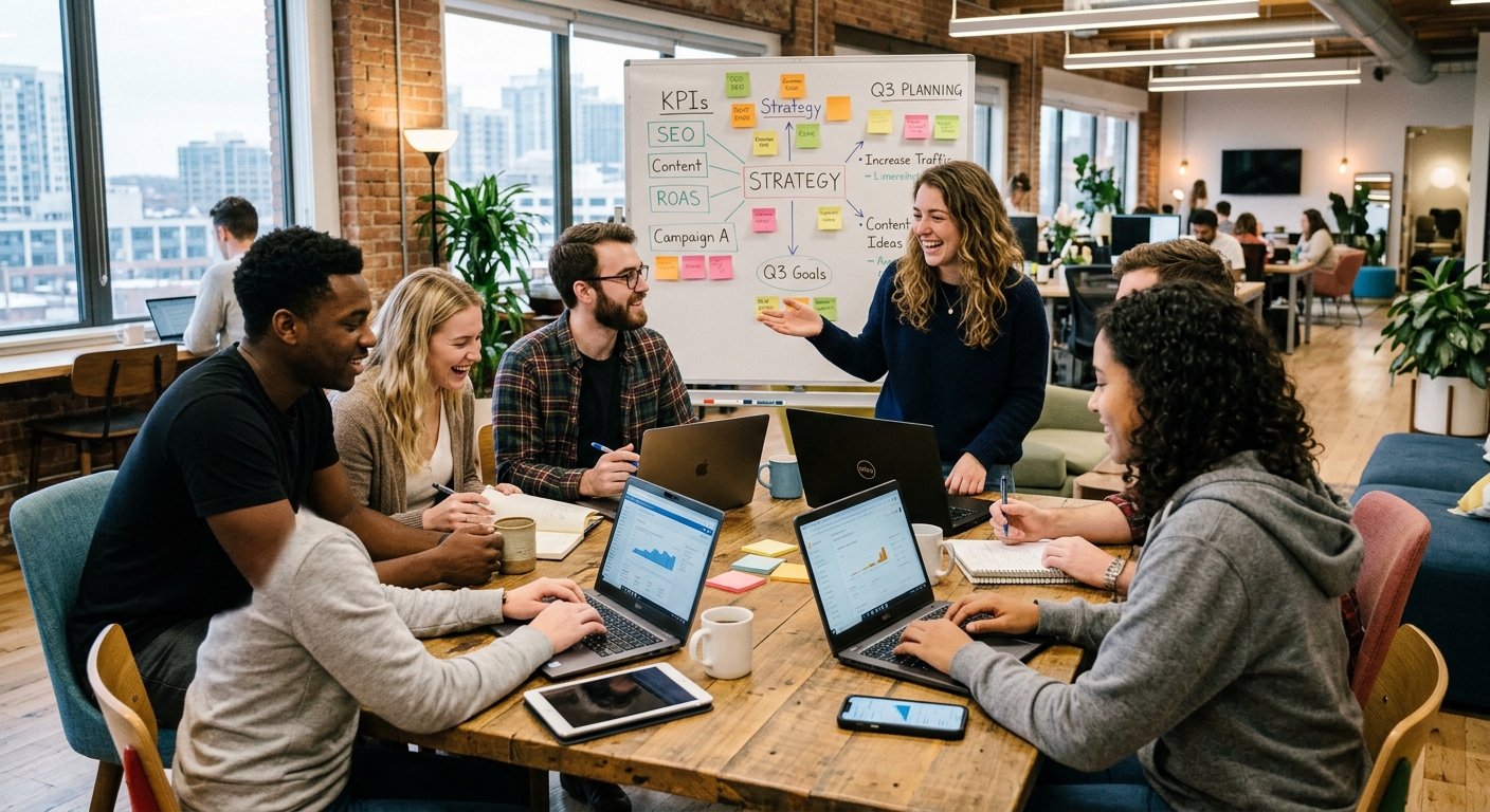 Grupo de jovens marketers digitais discutindo estratégias em um escritório moderno e informal
