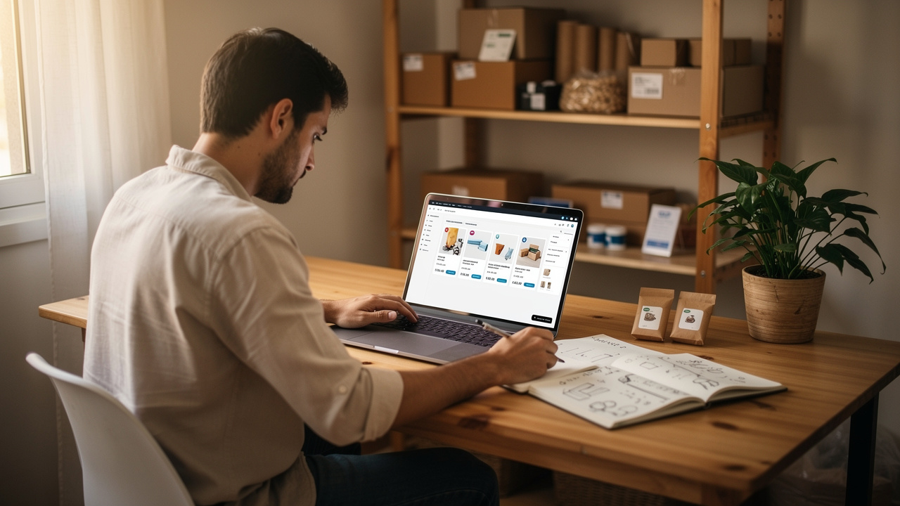Empreendedor brasileiro analisando listagens de produtos no laptop em escritório em casa