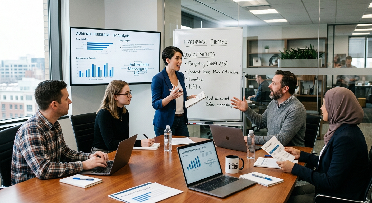Equipe de marketing em reunião discutindo feedback do público e ajustes propostas para o conteúdo.