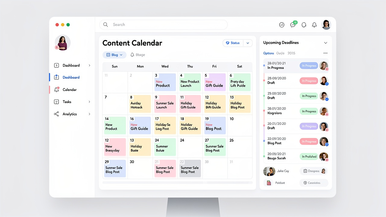 Painel digital exibindo um calendário de conteúdo para um blog de e-commerce com tarefas e prazos definidos.
