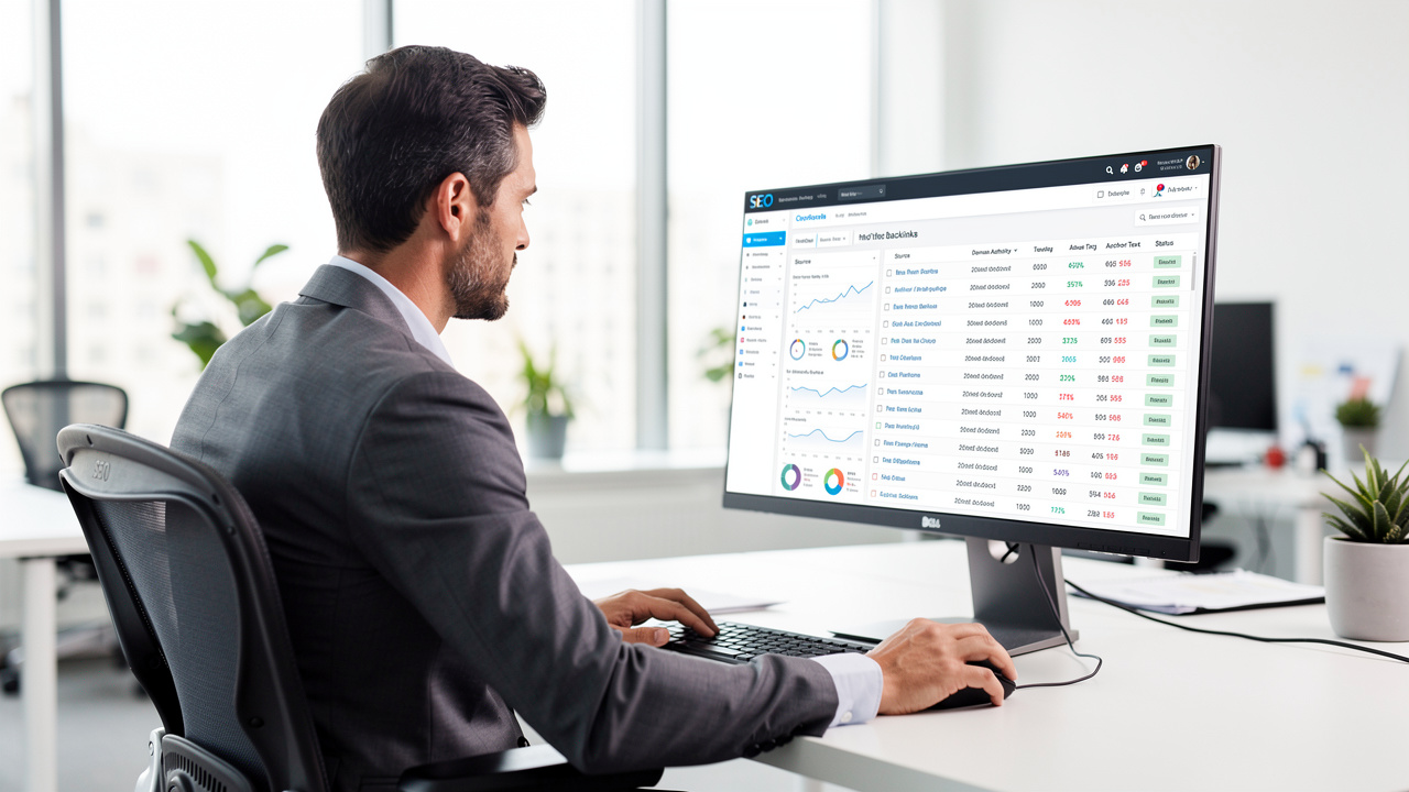 Profissional de marketing revisando lista de backlinks em computador em escritório moderno