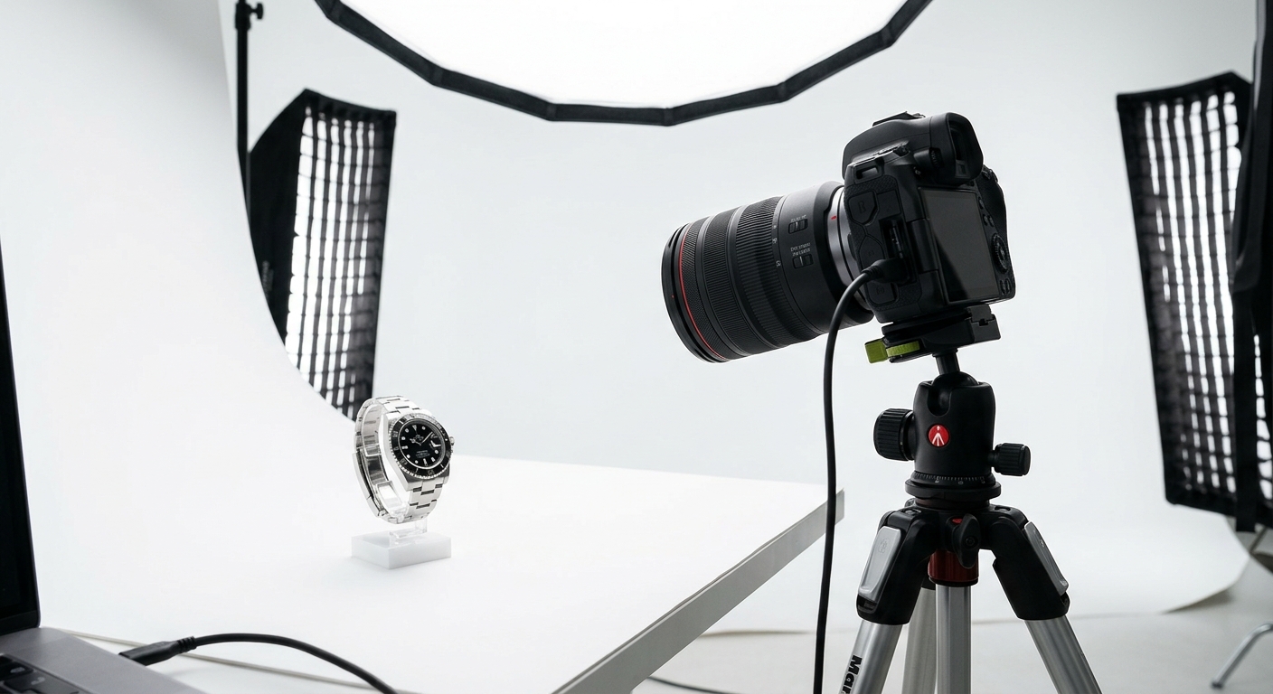 Cenário de fotografia de produto com câmera profissional e um item sobre fundo branco iluminado.