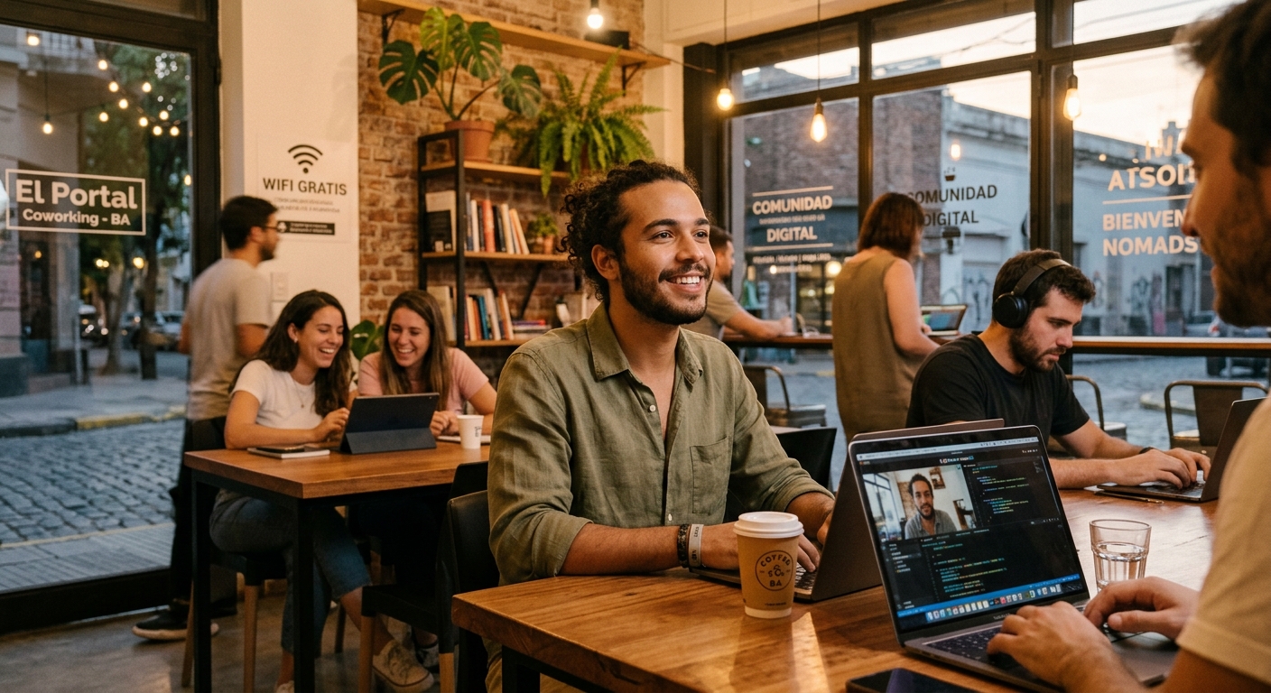 Jovem brasileiro trabalhando remotamente em laptop em um coworking aconchegante em Buenos Aires, Argentina, com outros nômades digitais.