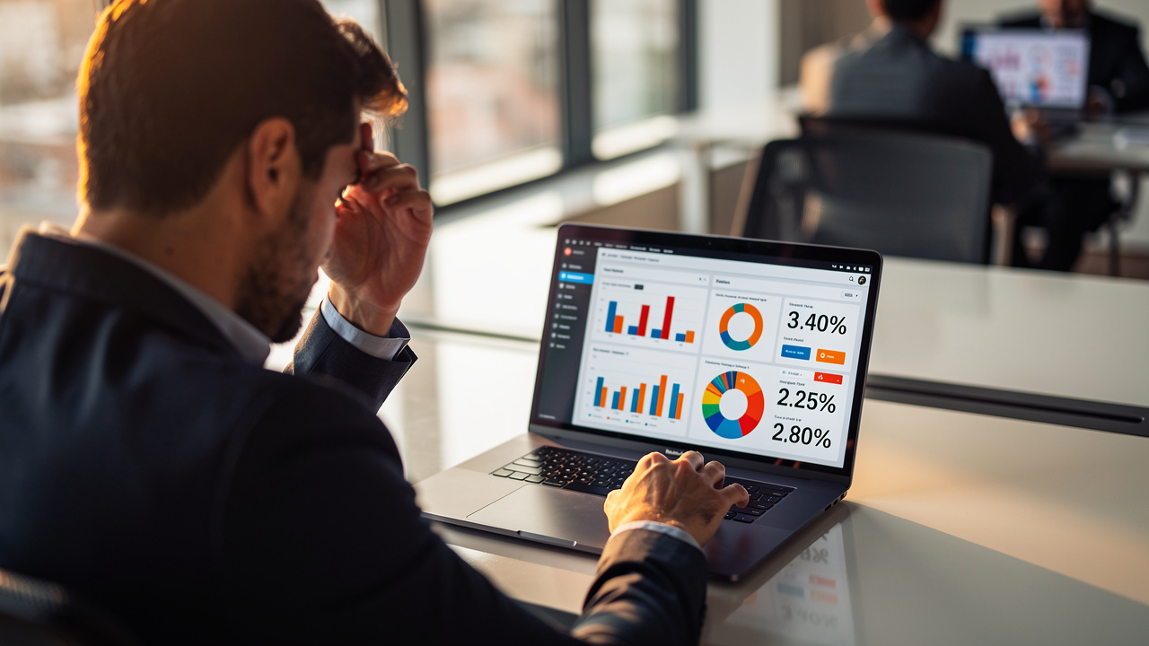Gestor brasileiro analisando gráficos confusos de métricas em laptop no escritório