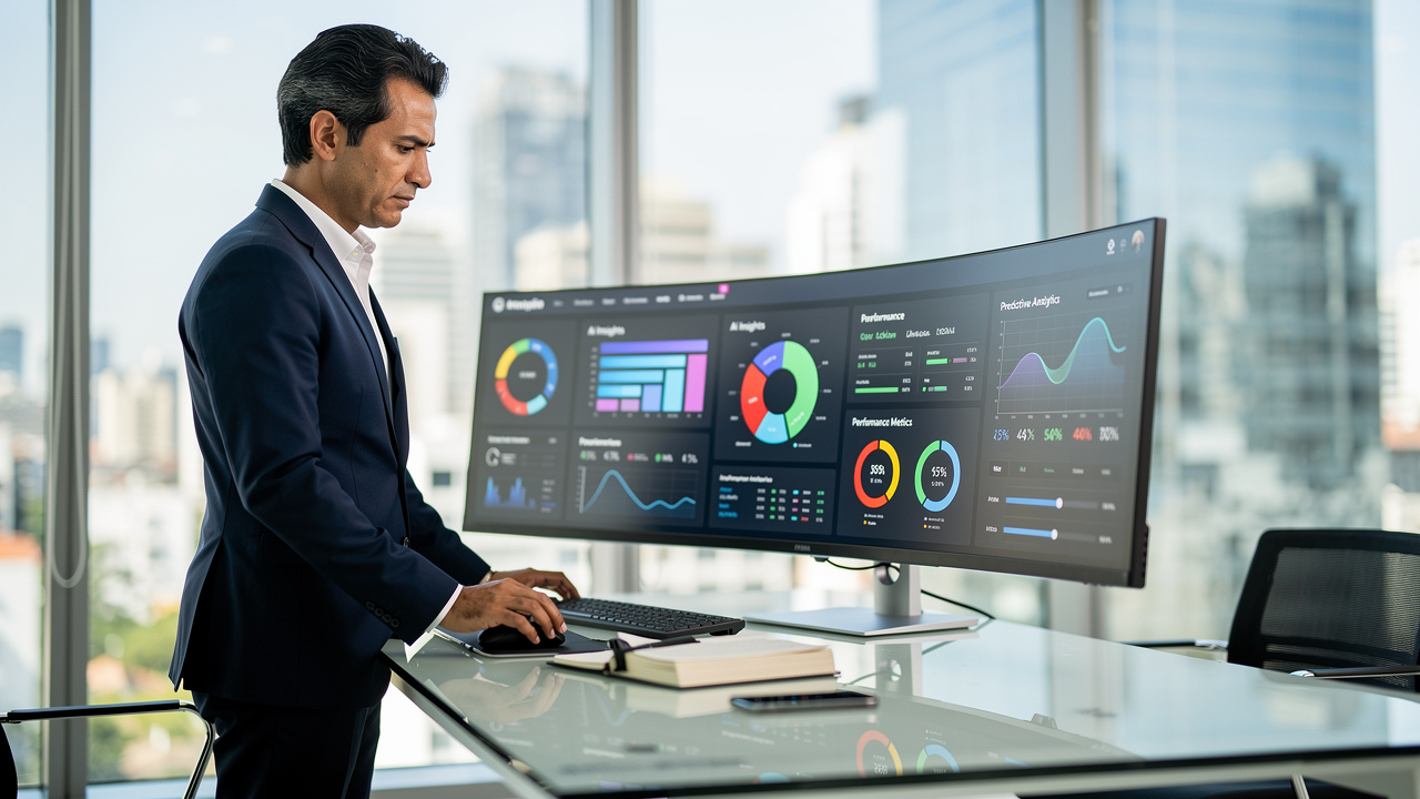 Executivo brasileiro analisando painel de IA em monitor grande em escritório moderno