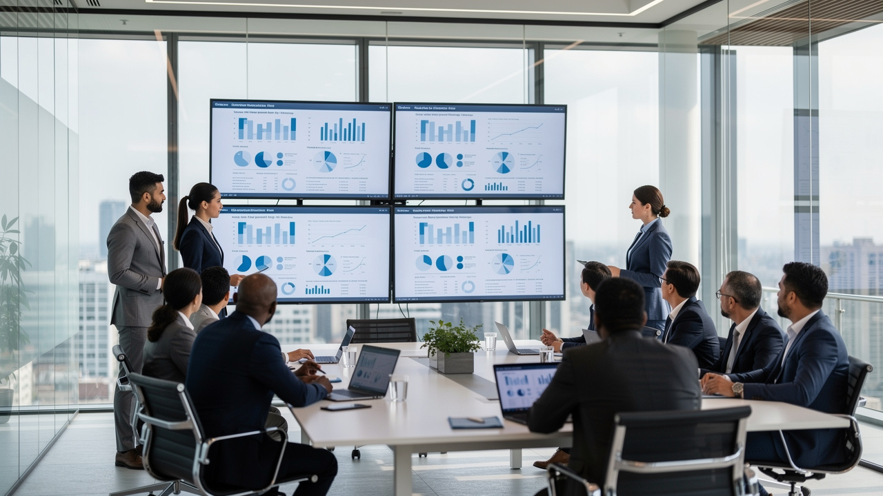 Equipe empresarial observando apresentações idênticas em telas durante reunião corporativa