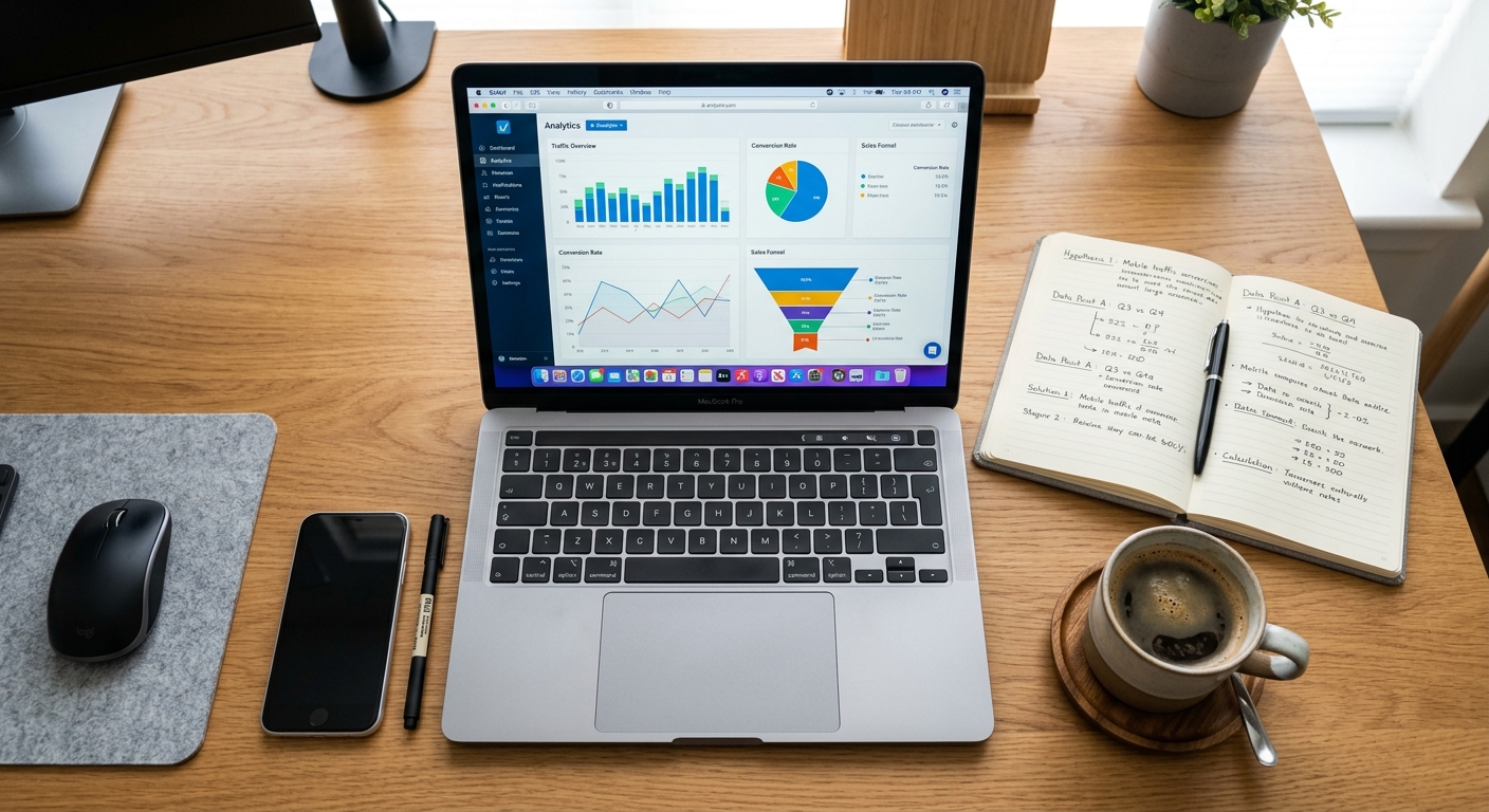 Mesa de trabalho com notebook exibindo gráficos de análise de dados ao lado de um caderno com anotações e uma xícara de café.
