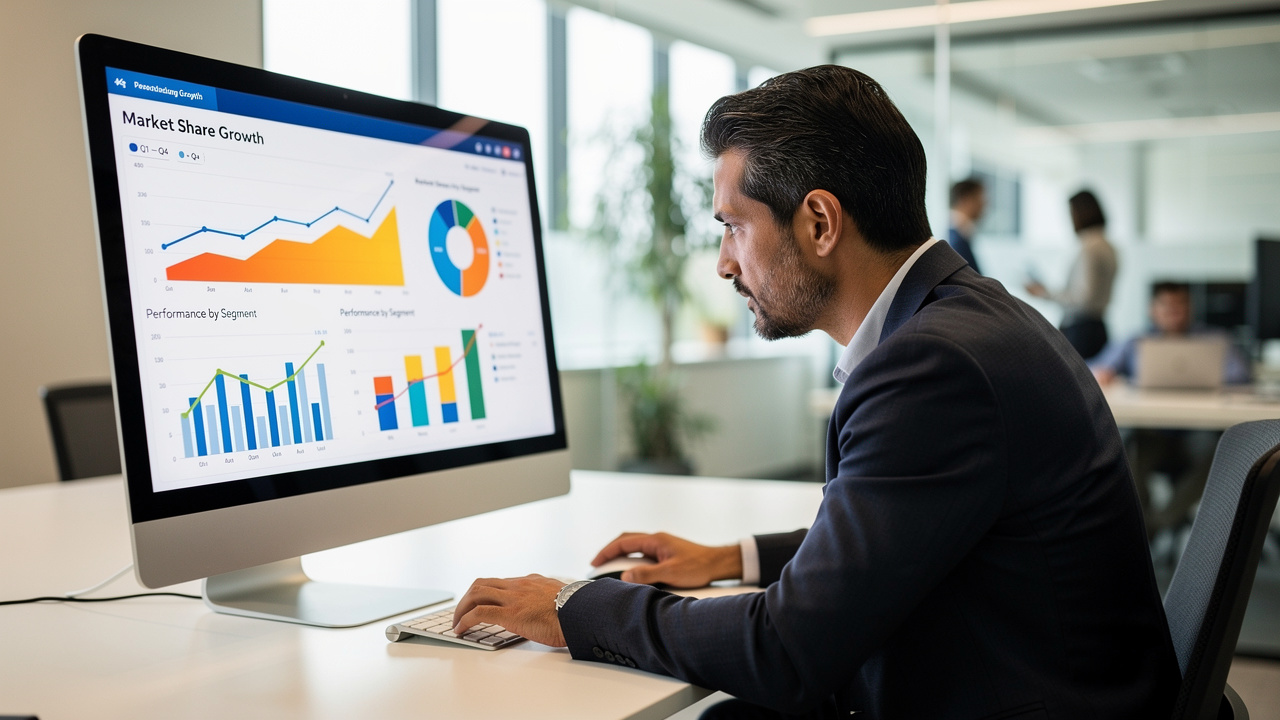 Gestor de e-commerce analisando um gráfico de crescimento de market share em seu computador no escritório.