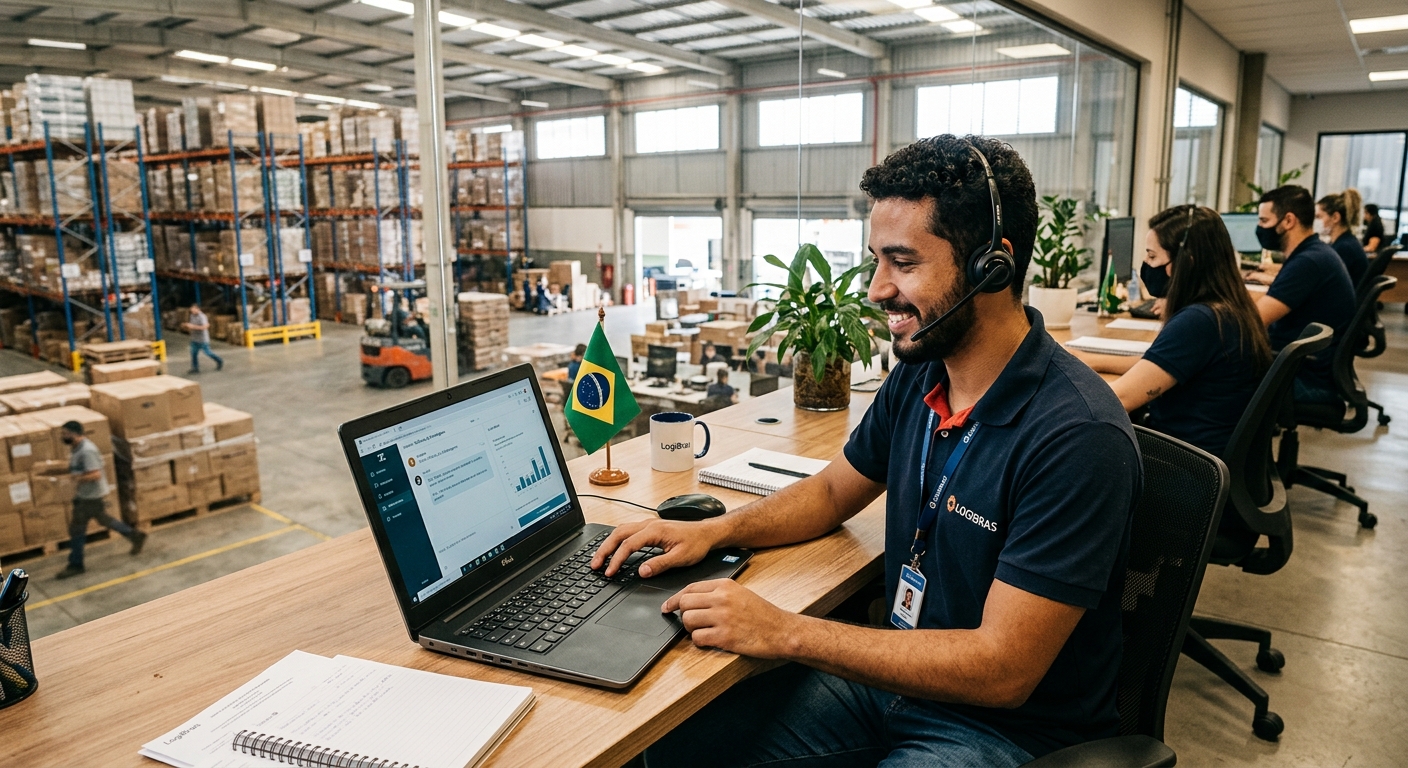 Vendedor atendendo cliente B2B por chat online em notebook dentro de escritório de armazém moderno