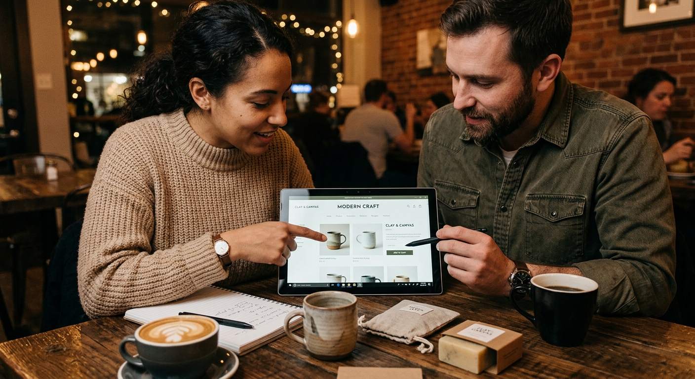 Empreendedor e designer discutindo o layout de uma loja virtual em um tablet