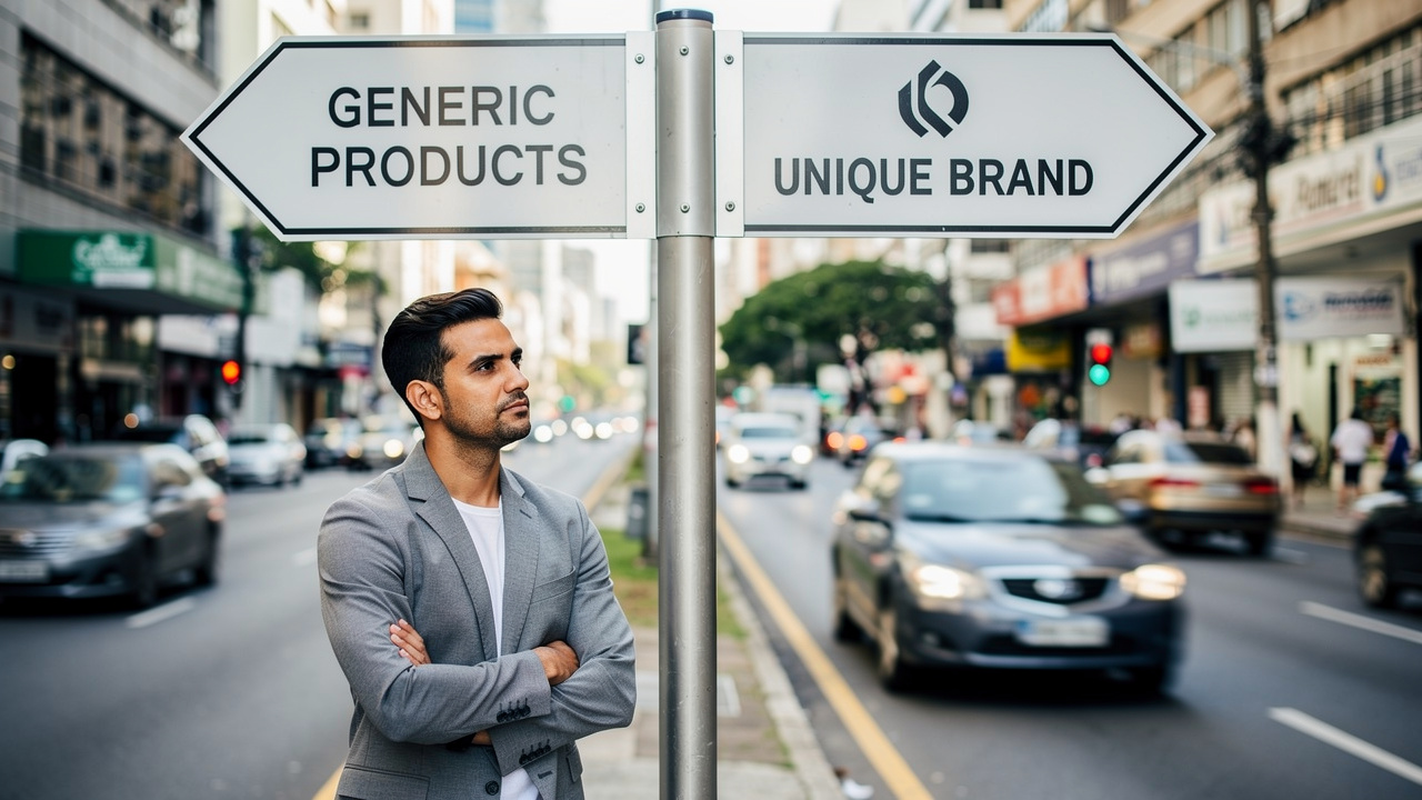 Empreendedor brasileiro em encruzilhada urbana escolhendo entre imitação e identidade de marca