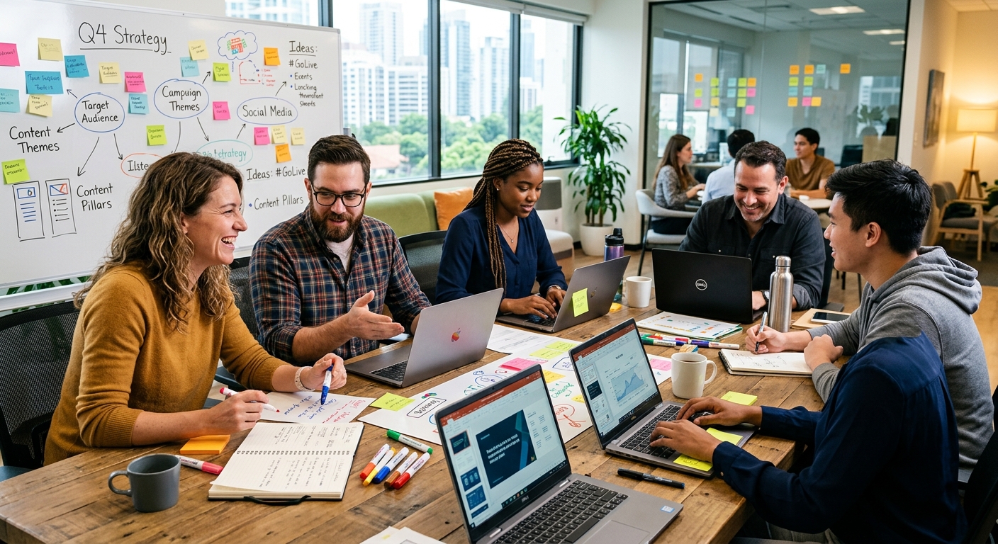 Equipe criativa discutindo estratégias de marketing em torno de uma mesa, com laptops e anotações em um ambiente colaborativo.