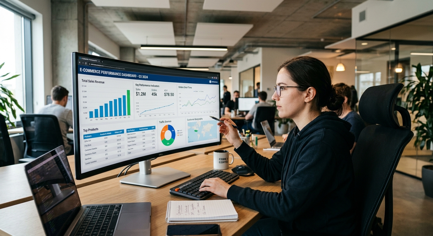 Desenvolvedor analisando painel de ERP com gráficos de dados de e-commerce em escritório moderno