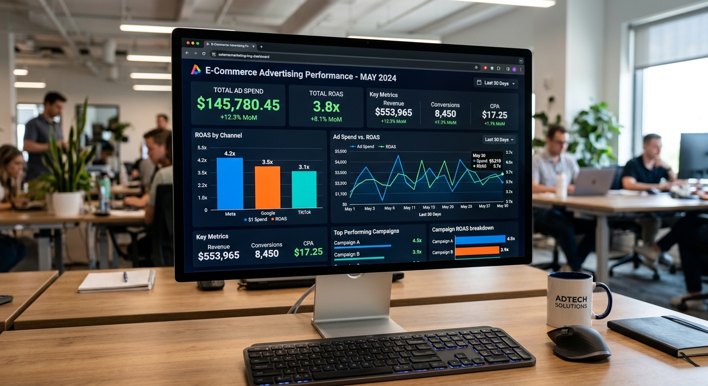 Tela de computador exibindo dashboard de gastos com anúncios e métricas de ROAS no e-commerce