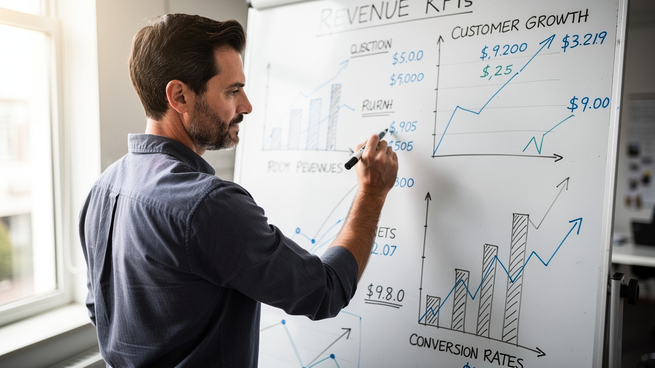 Gestor escrevendo KPIs reais em quadro branco com gráficos claros e luz natural