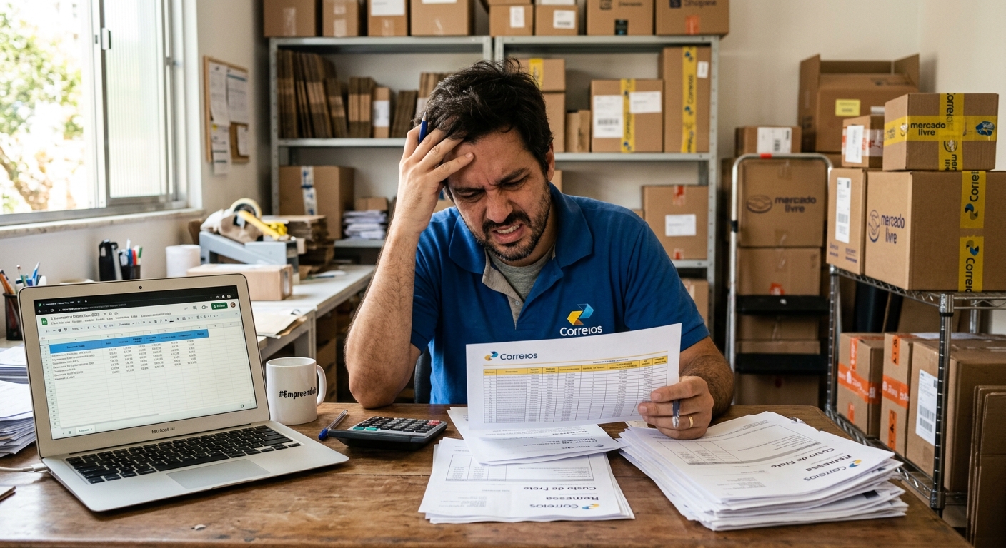 Empreendedor analisando planilhas de frete com caixas ao fundo em ambiente de trabalho