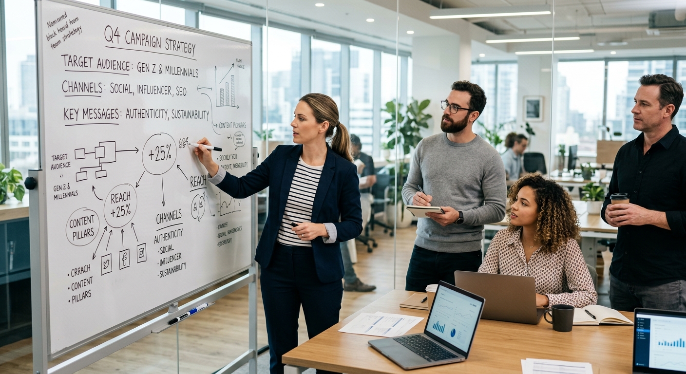 Profissional de marketing documentando processos no quadro branco com colegas ao redor