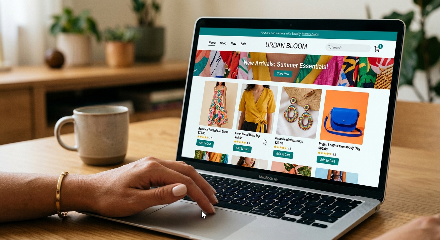 Pessoa navegando em uma loja Shopify com produtos de varejo coloridos na tela de um notebook