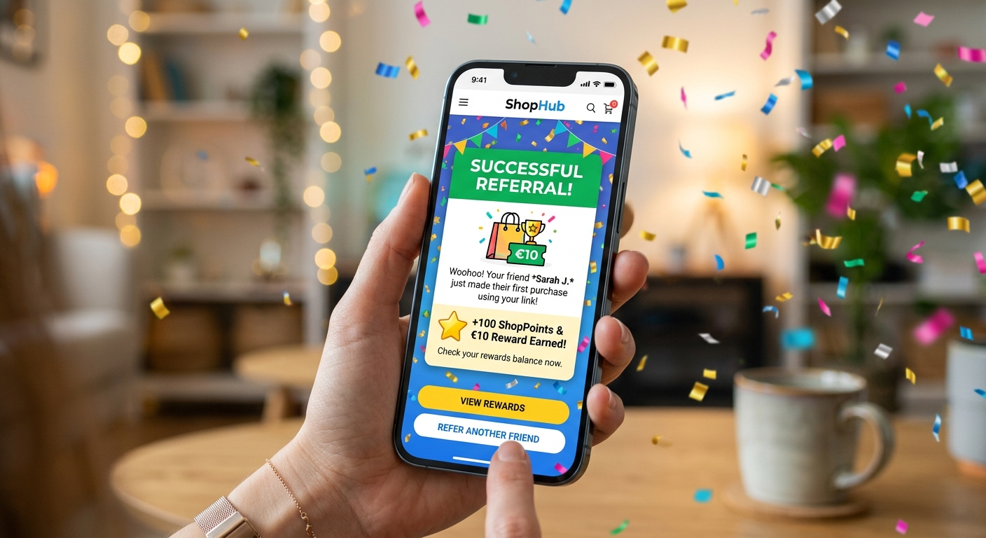 Tela de celular exibindo uma notificação de sucesso de um programa de indicação de uma loja online.