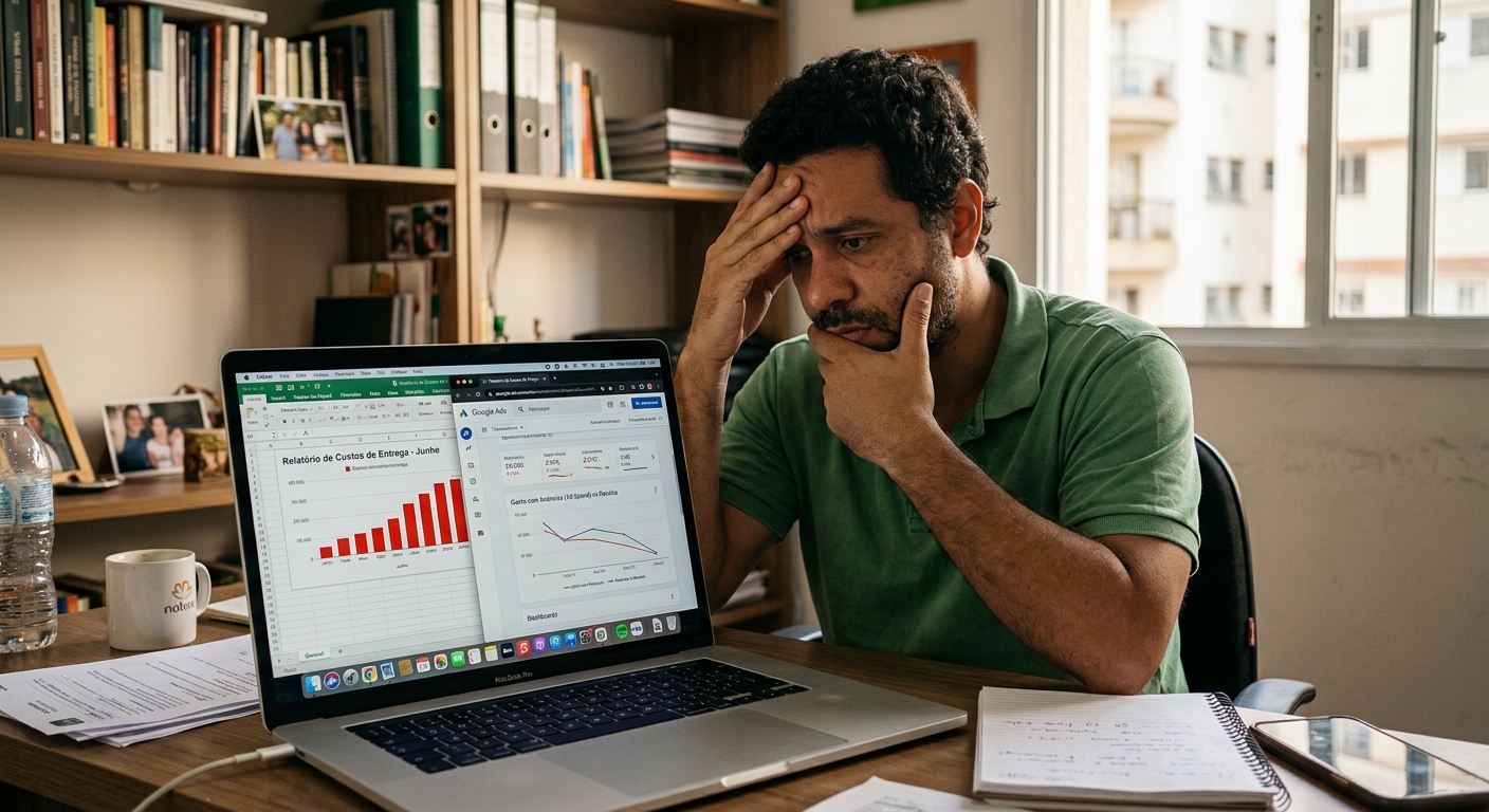 Empreendedor brasileiro analisando relatórios de custo de frete e anúncios no computador