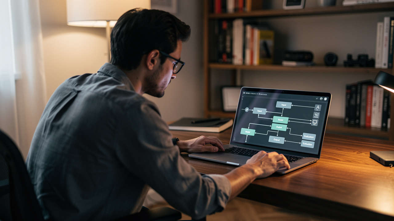 Profissional configurando fluxo de automação com IA em laptop em home office moderno