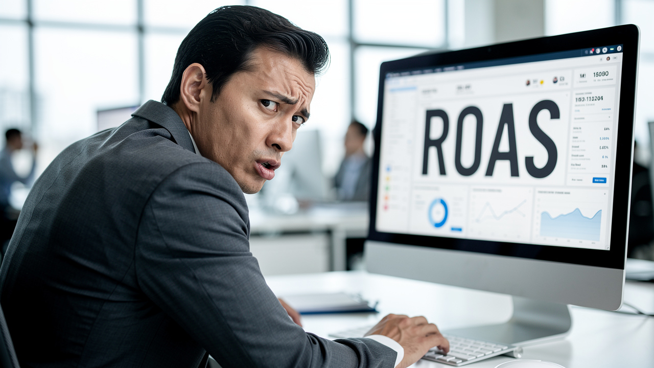 Gestor de marketing olhando painel com ROAS alto e expressão de confusão no escritório