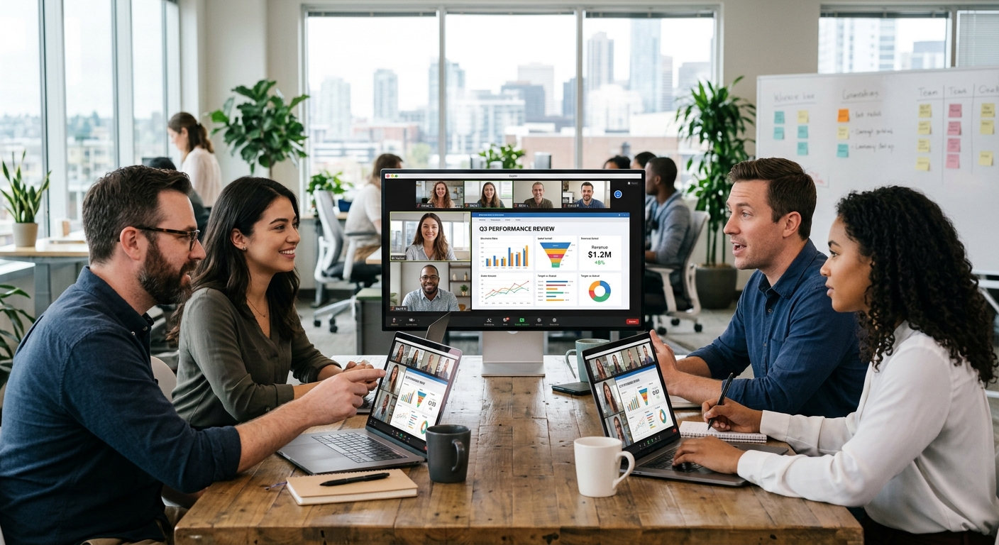 Equipe de negócios se colaborando online em um ambiente de trabalho moderno com luz natural