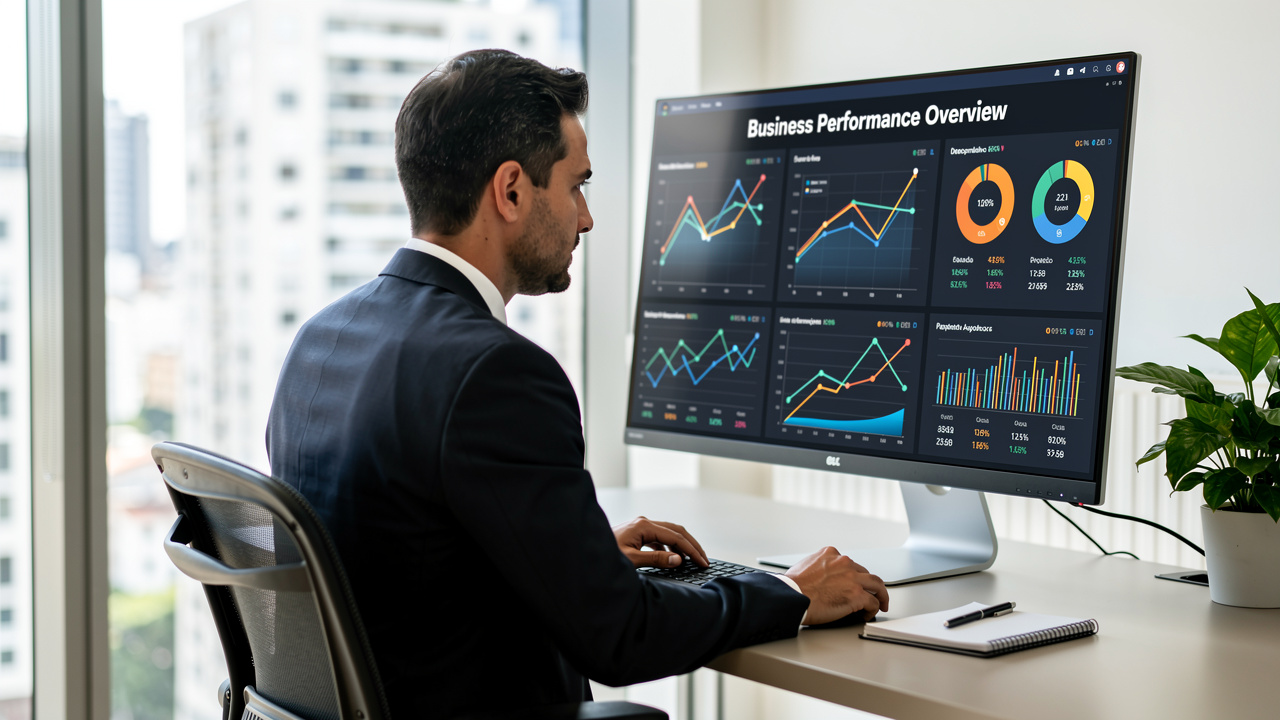 Executivo brasileiro analisando painéis de desempenho em monitor grande em escritório moderno