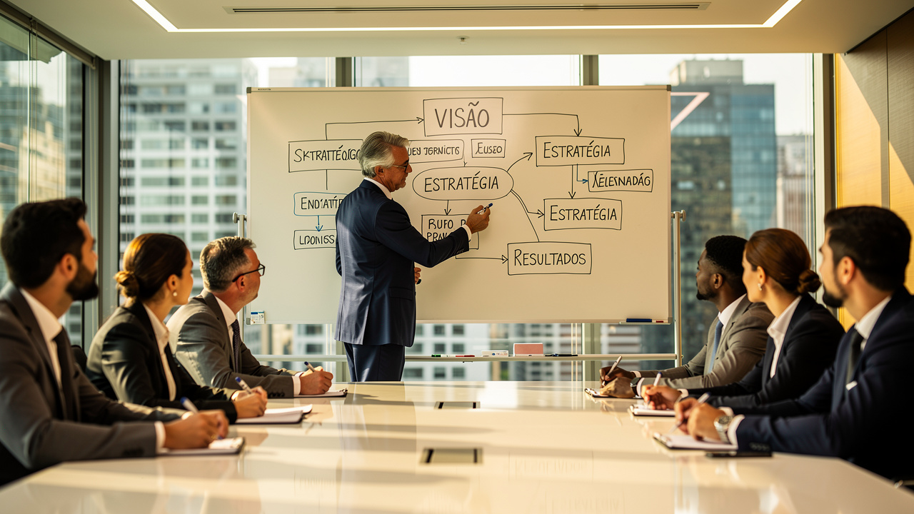 Diretor apontando diagrama de estratégia em quadro branco durante reunião executiva em sala moderna