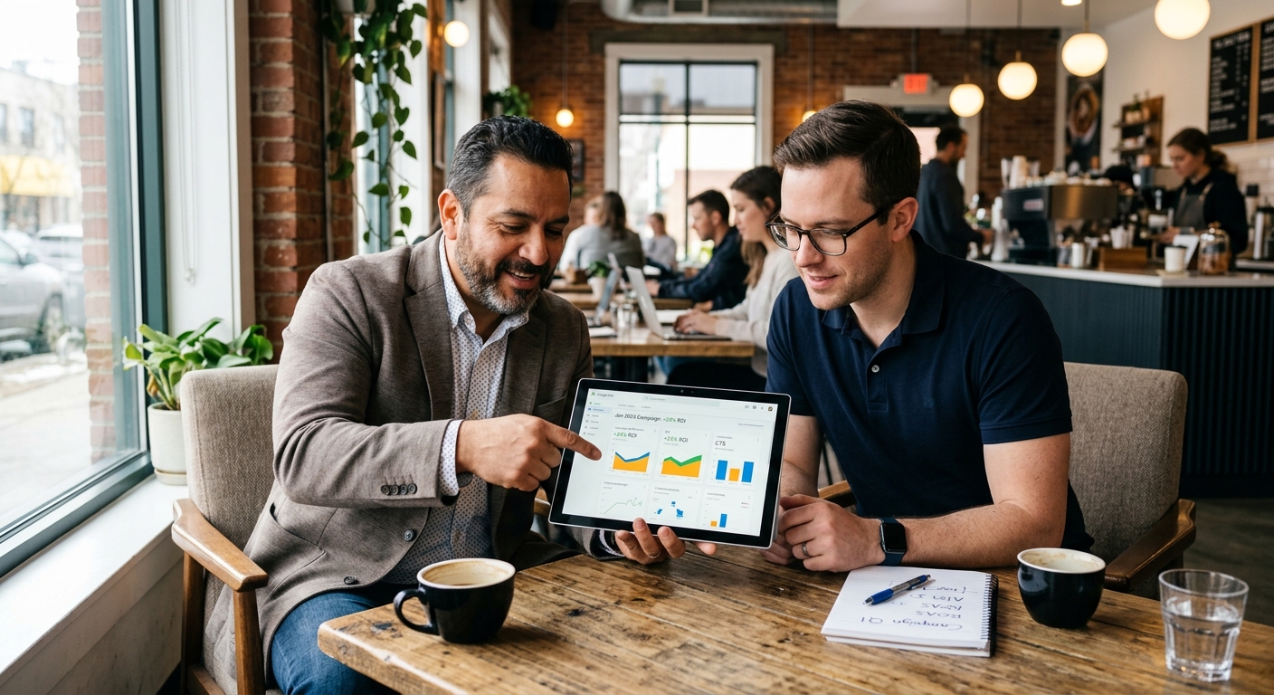 Especialista em tráfego pago apresentando resultados de campanha para cliente em café moderno