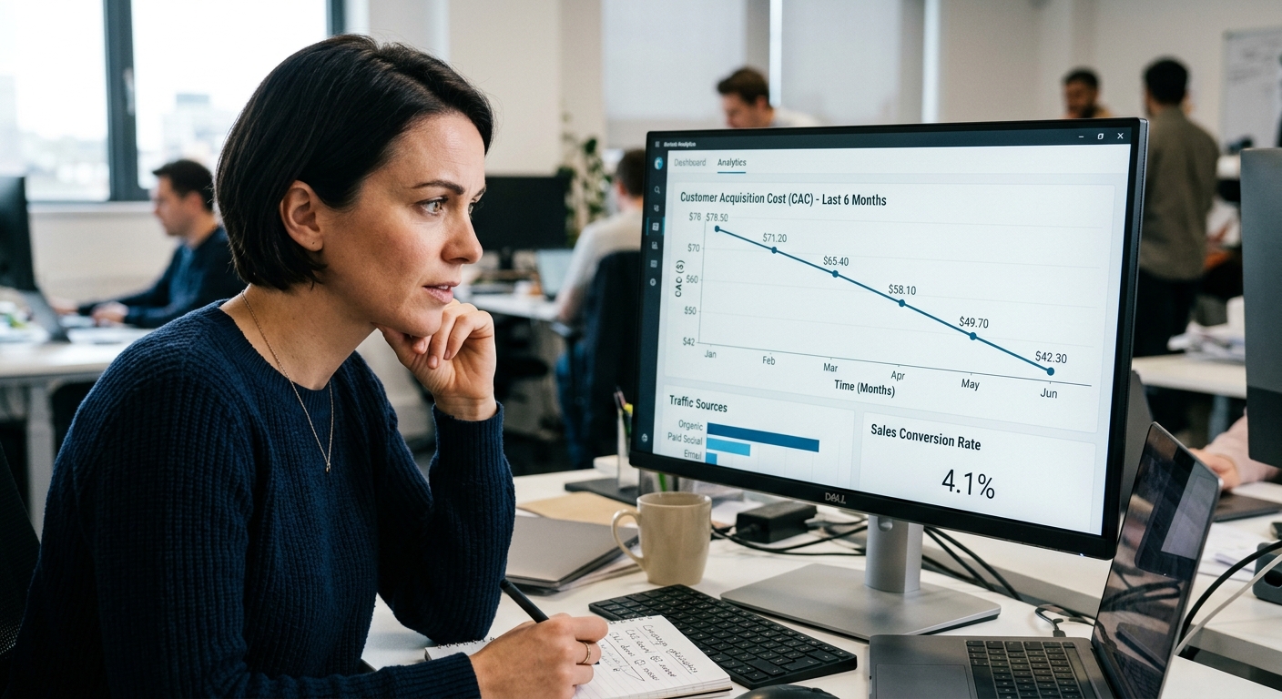 Gestor analisa gráfico com Custo de Aquisição de Cliente (CAC) em queda num monitor.