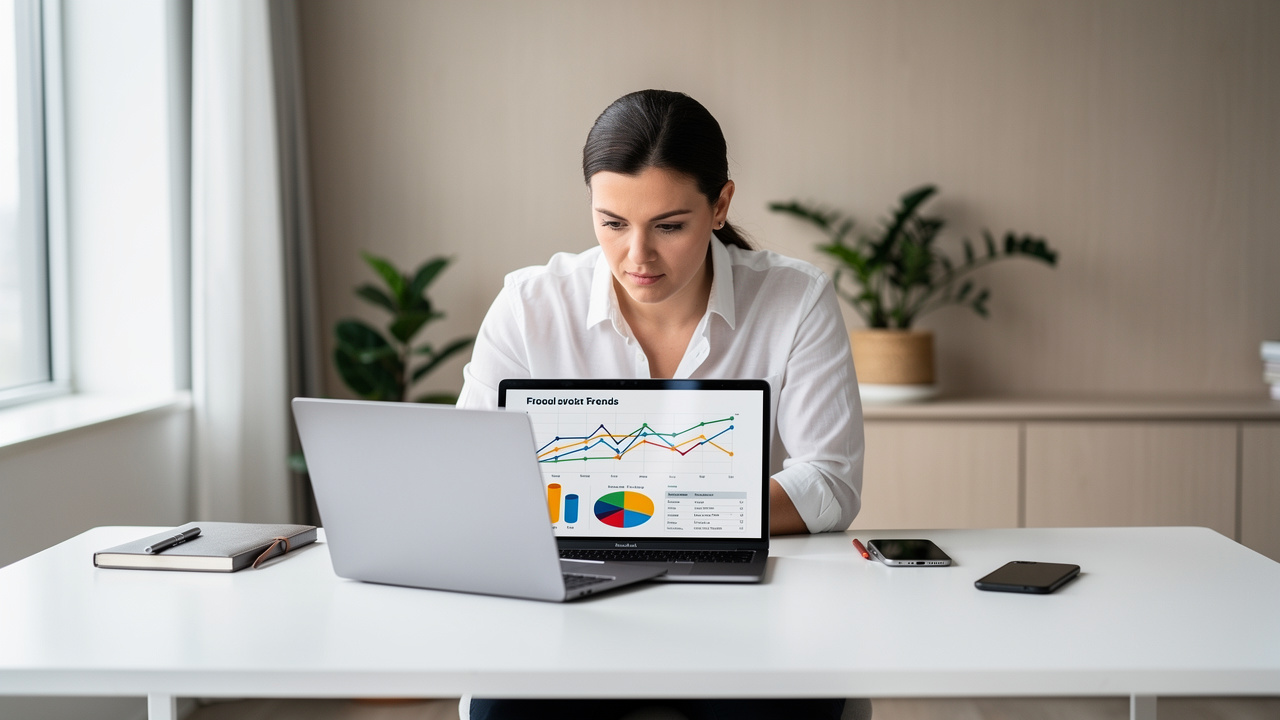 Empreendedor analisando gráficos de tendências de produtos no computador em escritório caseiro