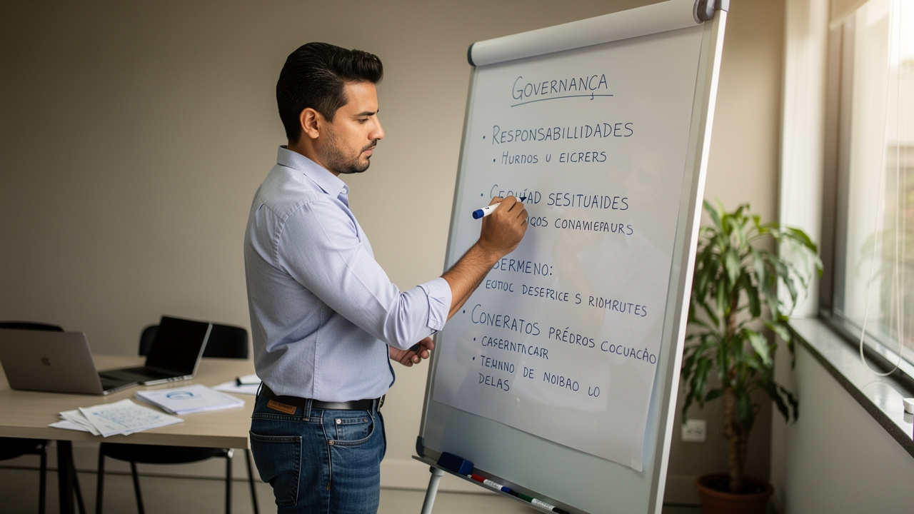 Empreendedor brasileiro escrevendo regras de governança em quadro branco de escritório