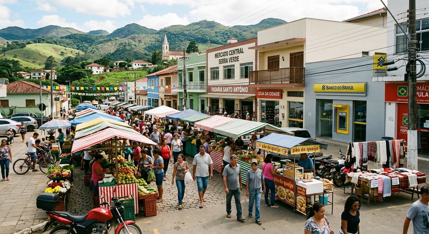 Cenário de uma cidade média brasileira com comércios e vida comunitária ativa