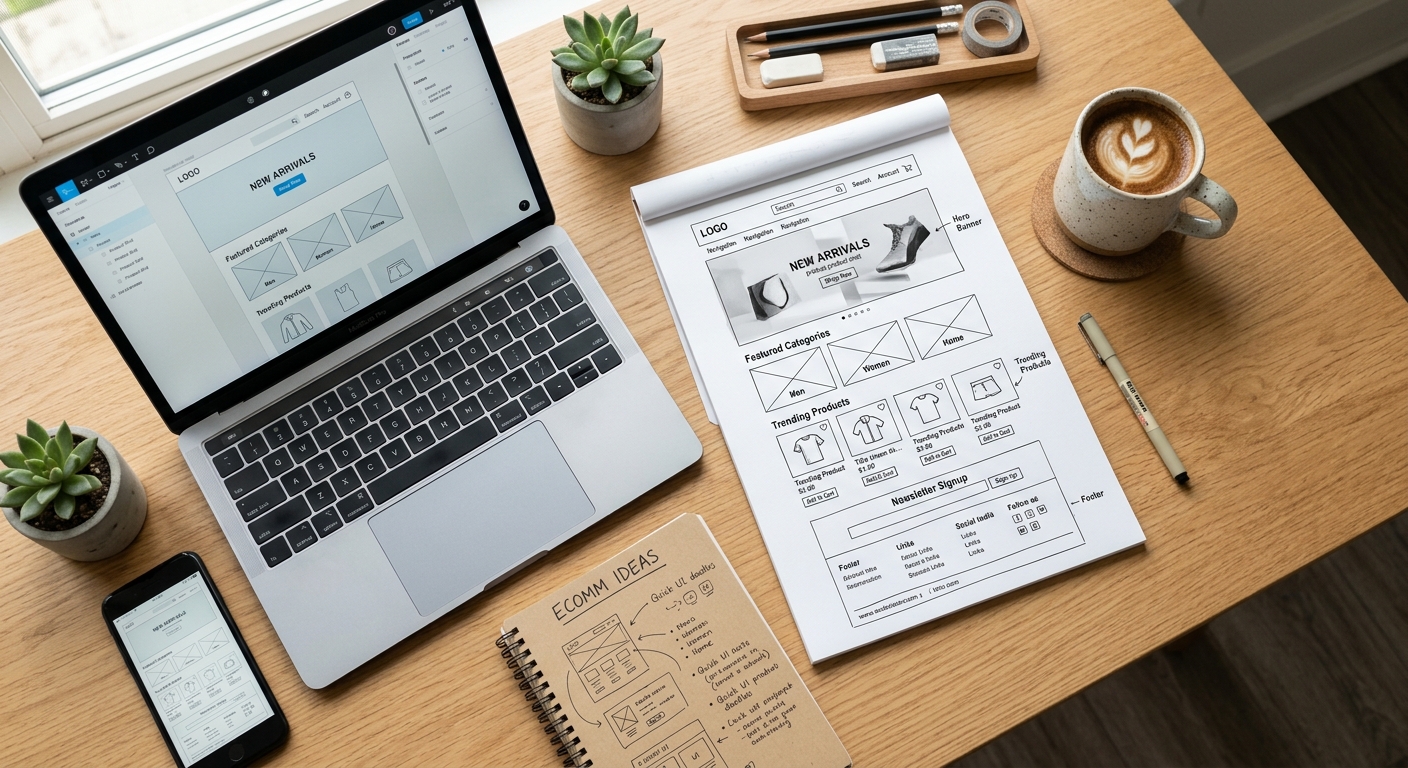 Mesa de trabalho com o rascunho de um site de e-commerce e um notebook.