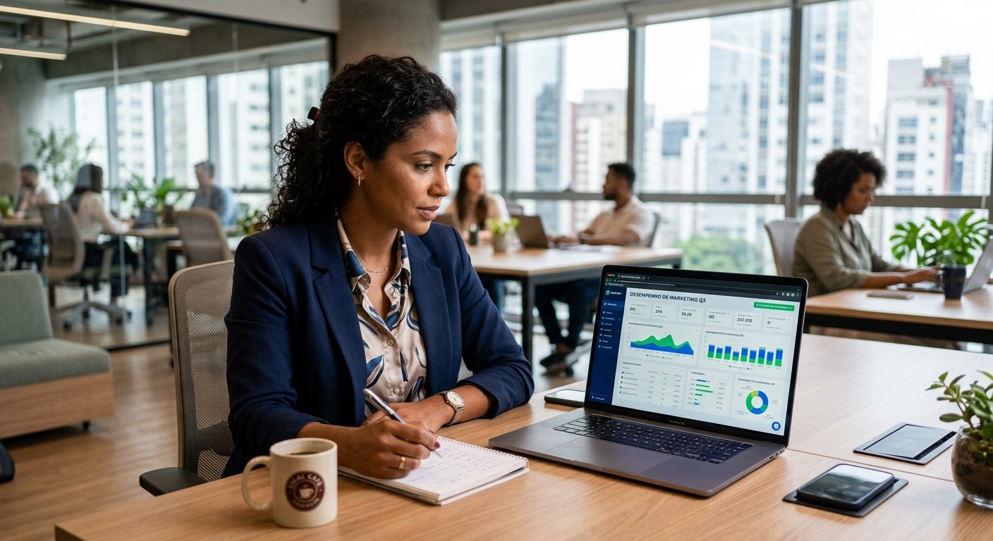 Gestor brasileiro analisando dashboard de marketing em laptop em escritório moderno