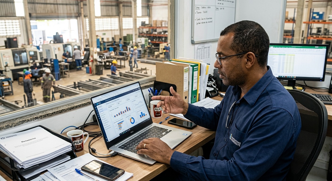 Gestor industrial brasileiro analisando painel de e-commerce B2B em escritório de fábrica
