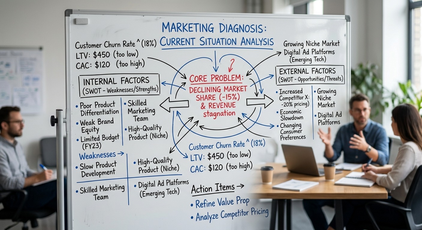 Quadro branco com anotações de diagnóstico de marketing separando fatores internos e externos