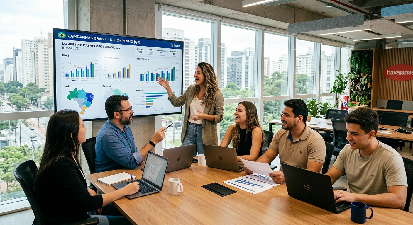 Equipe de marketing brasileira revisando dashboard de dados em monitor grande no escritório