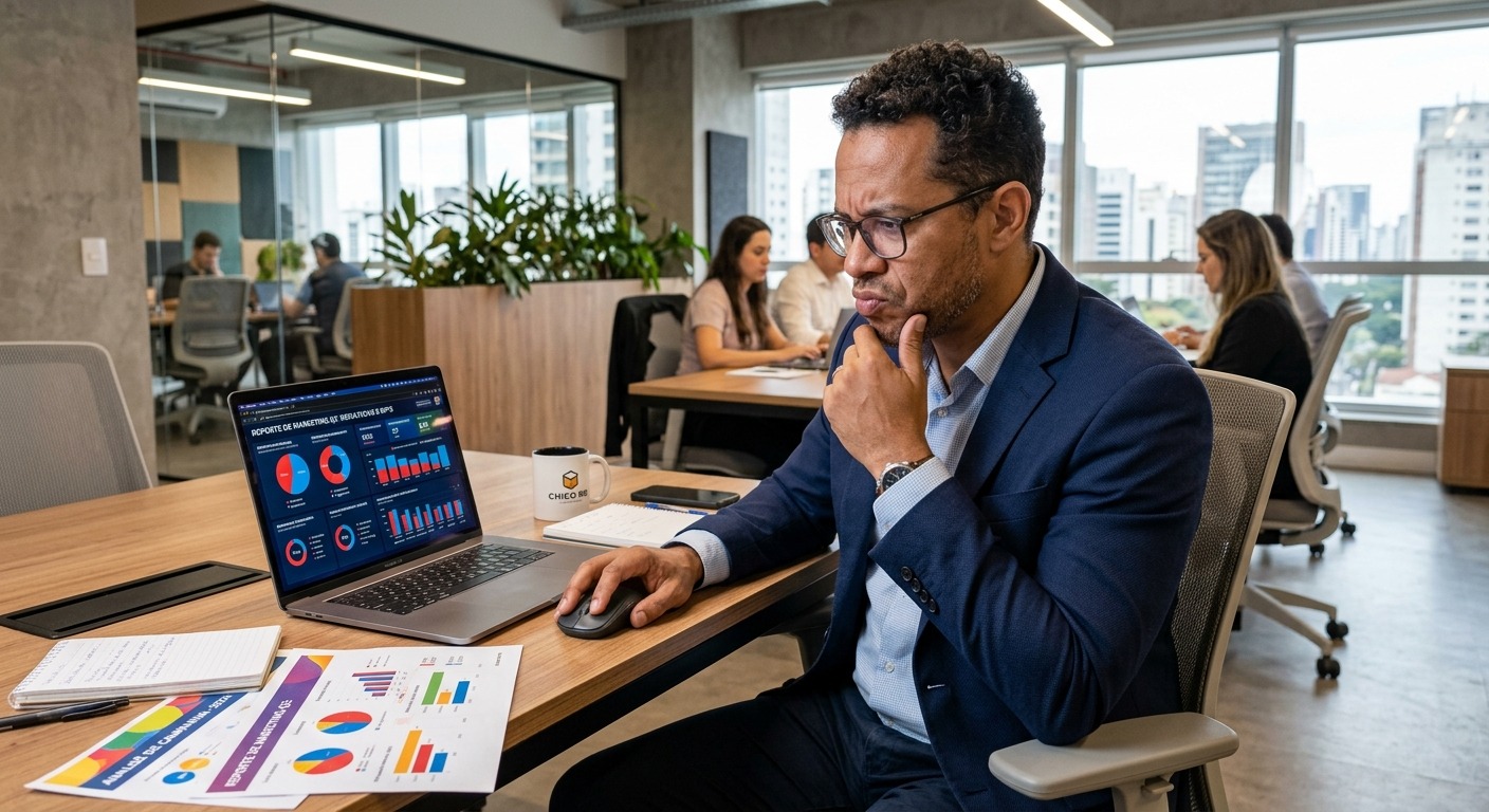 Gestor analisando relatório colorido de marketing com expressão de ceticismo em escritório moderno
