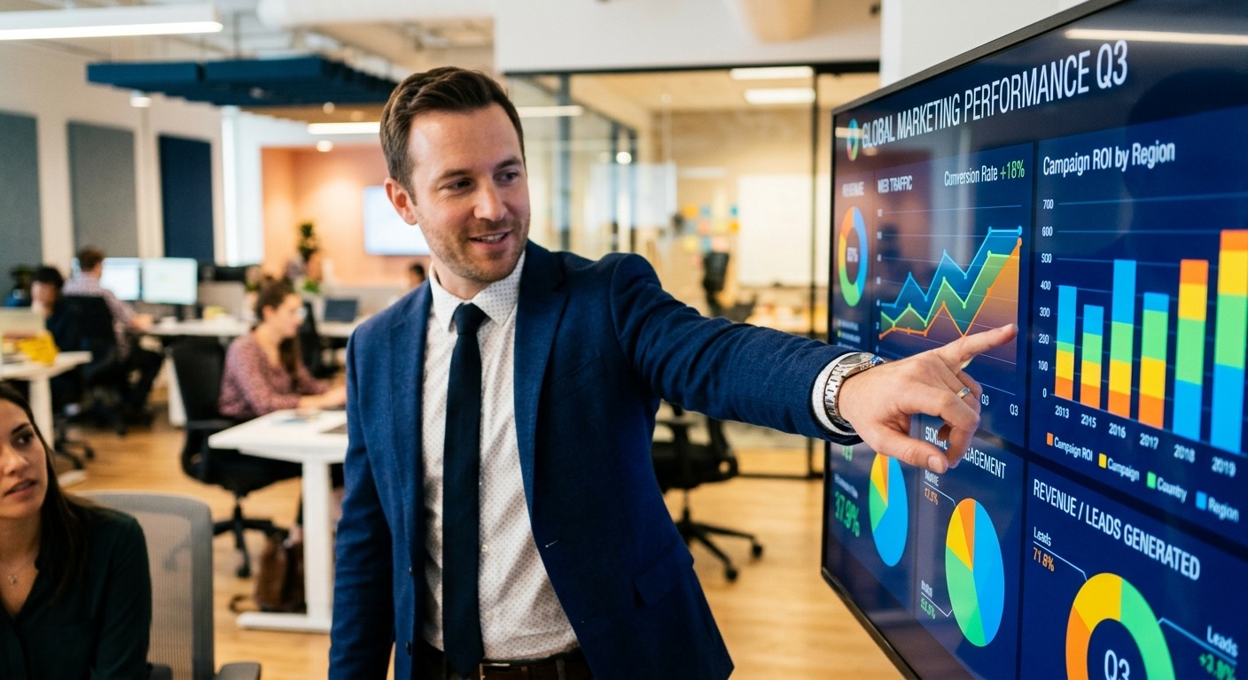 Gestor empresarial apontando para métricas coloridas de marketing em monitor grande