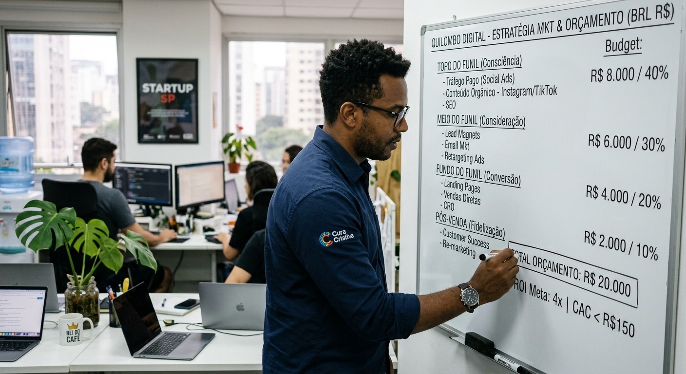 Empreendedor escrevendo em quadro branco com etapas de funil de marketing e orçamento