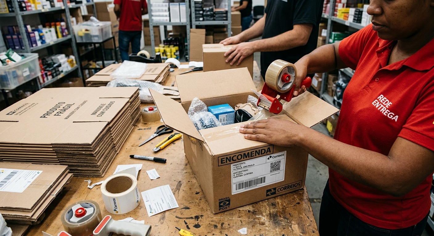 Caixas sendo embaladas para envio em pequeno centro de distribuição brasileiro com iluminação de teto