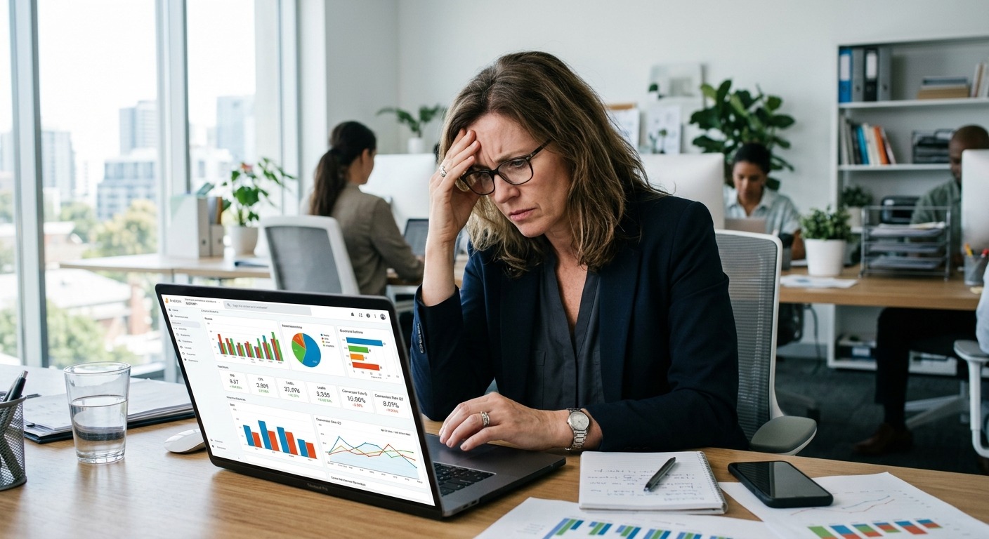 Empresário preocupado analisando relatório de marketing colorido em laptop no escritório