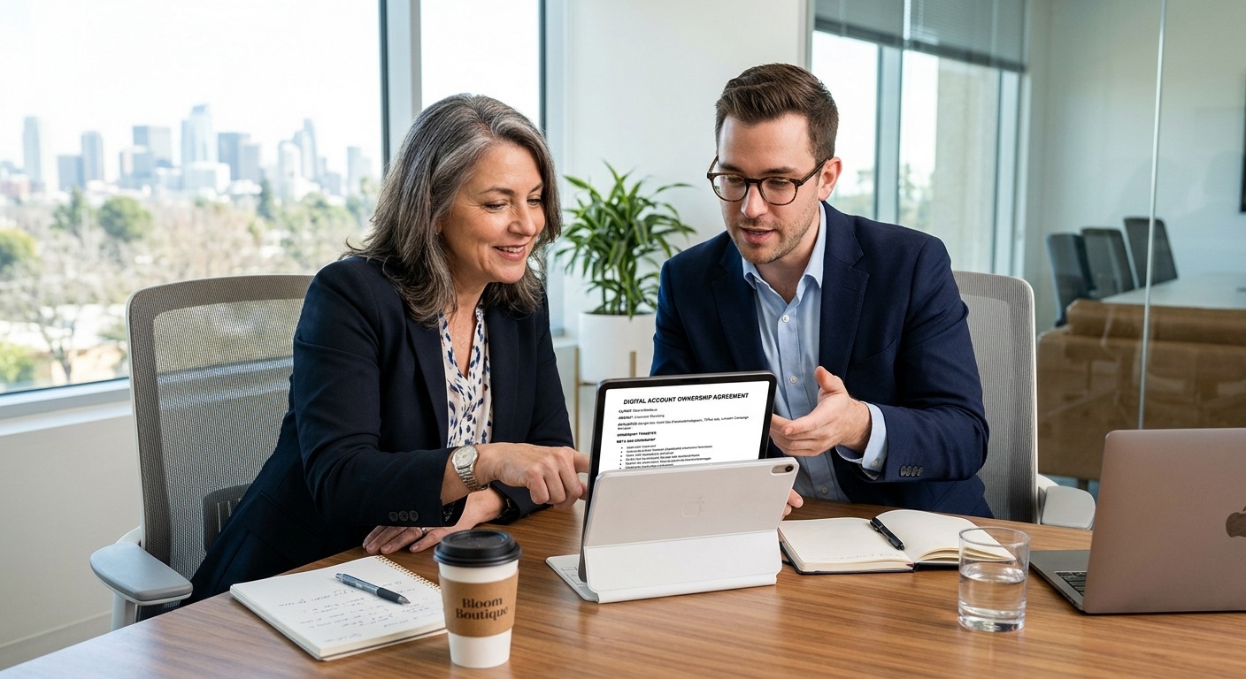 Empresário e representante de agência revisando documentos de propriedade de contas digitais em reunião