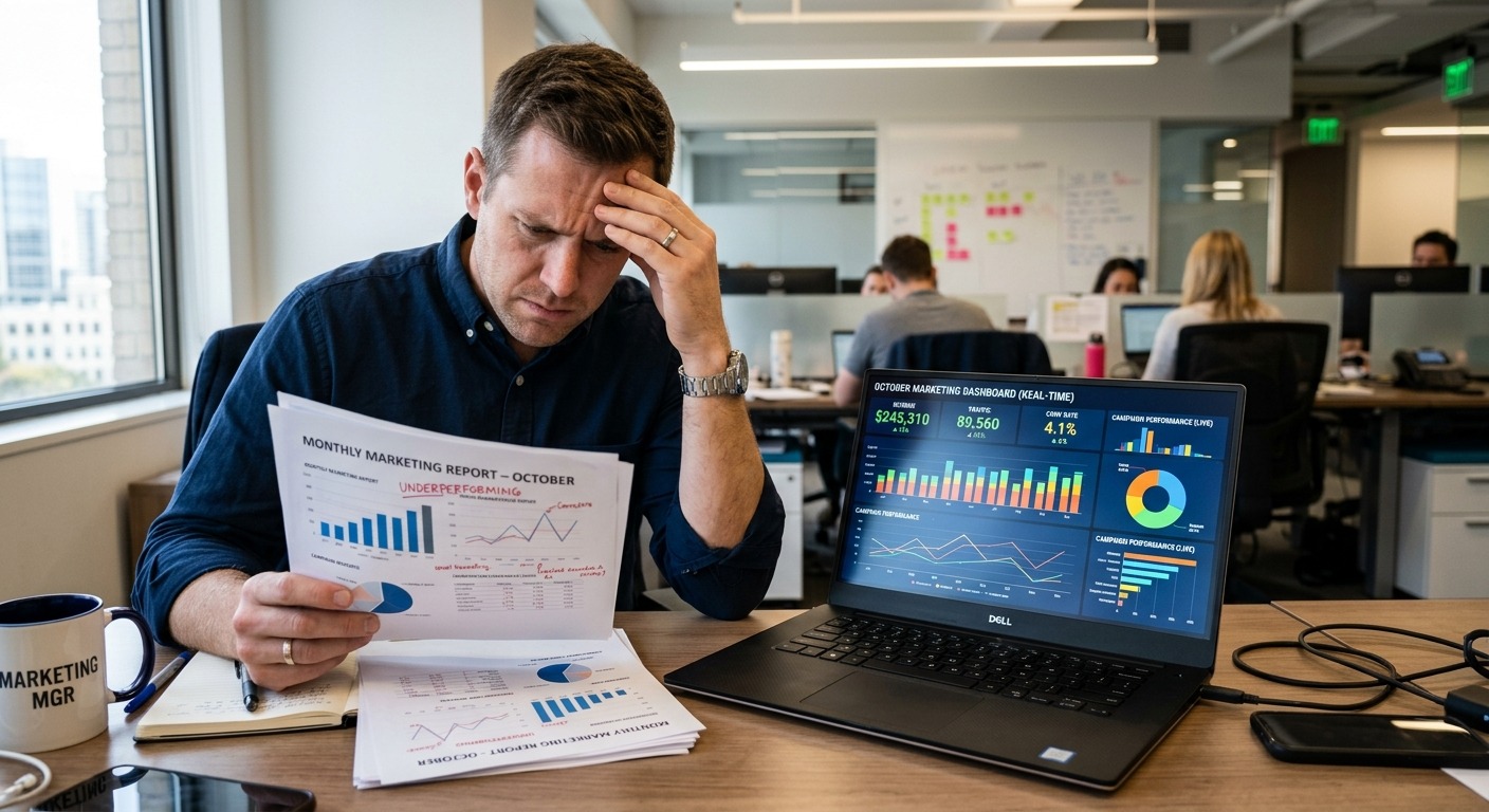 Gestor de marketing comparando relatório impresso com dashboard digital em tempo real no escritório