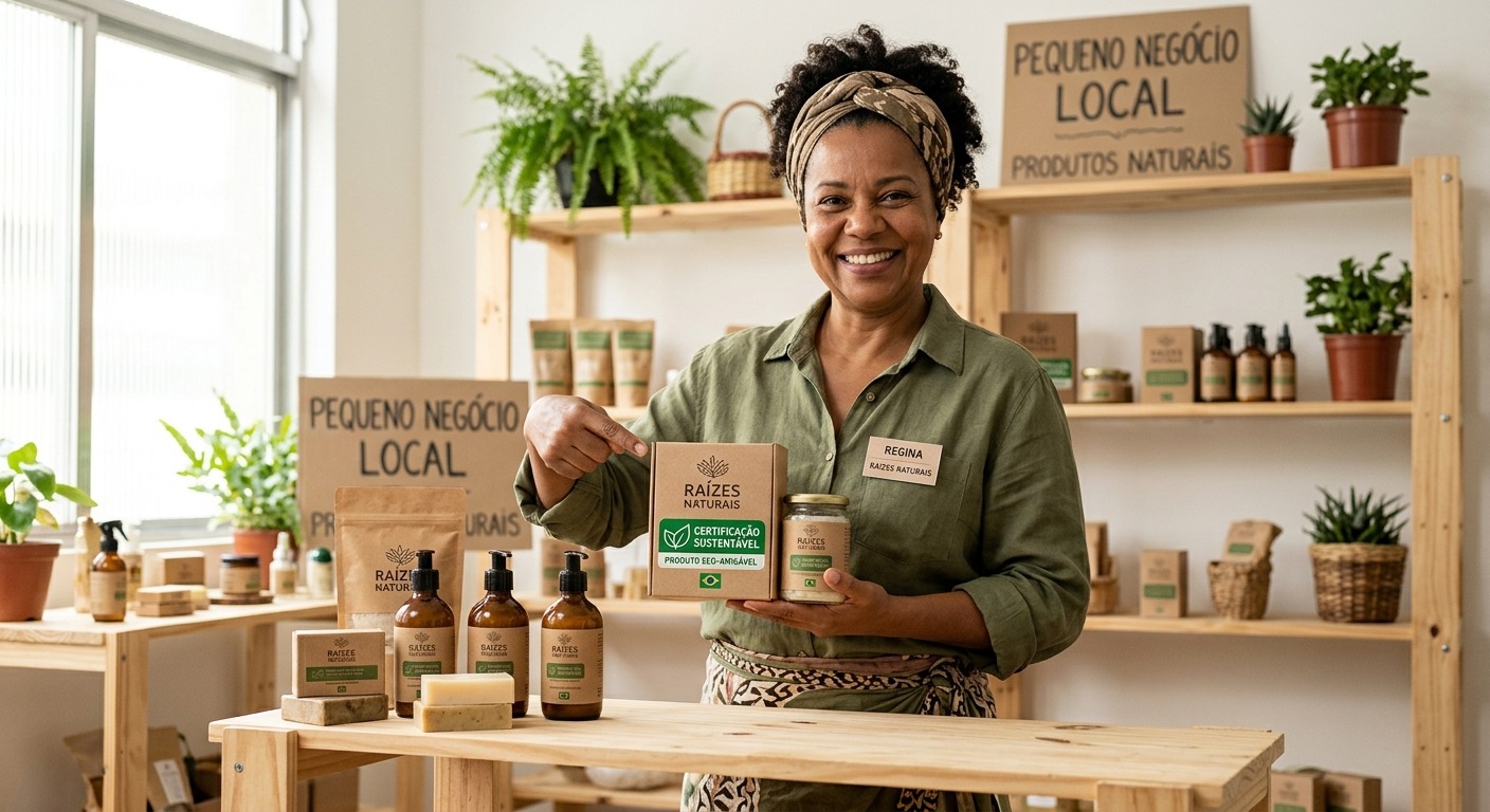 Empreendedor brasileiro mostrando embalagem ecológica com certificação de sustentabilidade