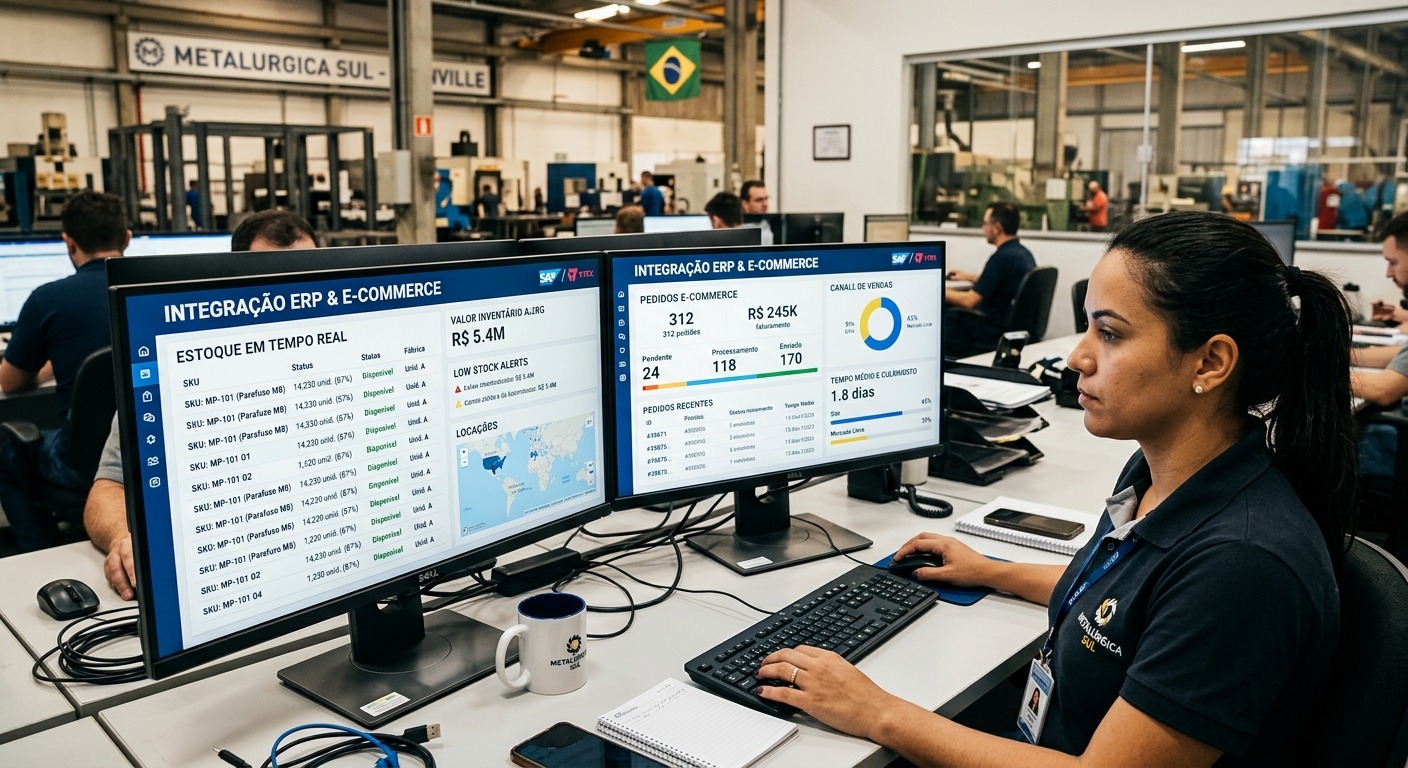 Dashboard digital mostrando integração de ERP e e-commerce em empresa industrial brasileira
