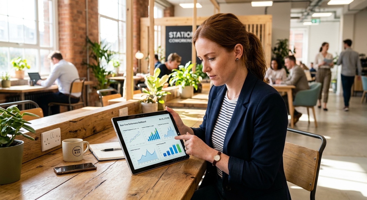 Gestora de marketing revisando dados em tempo real no tablet com gráficos de múltiplas plataformas