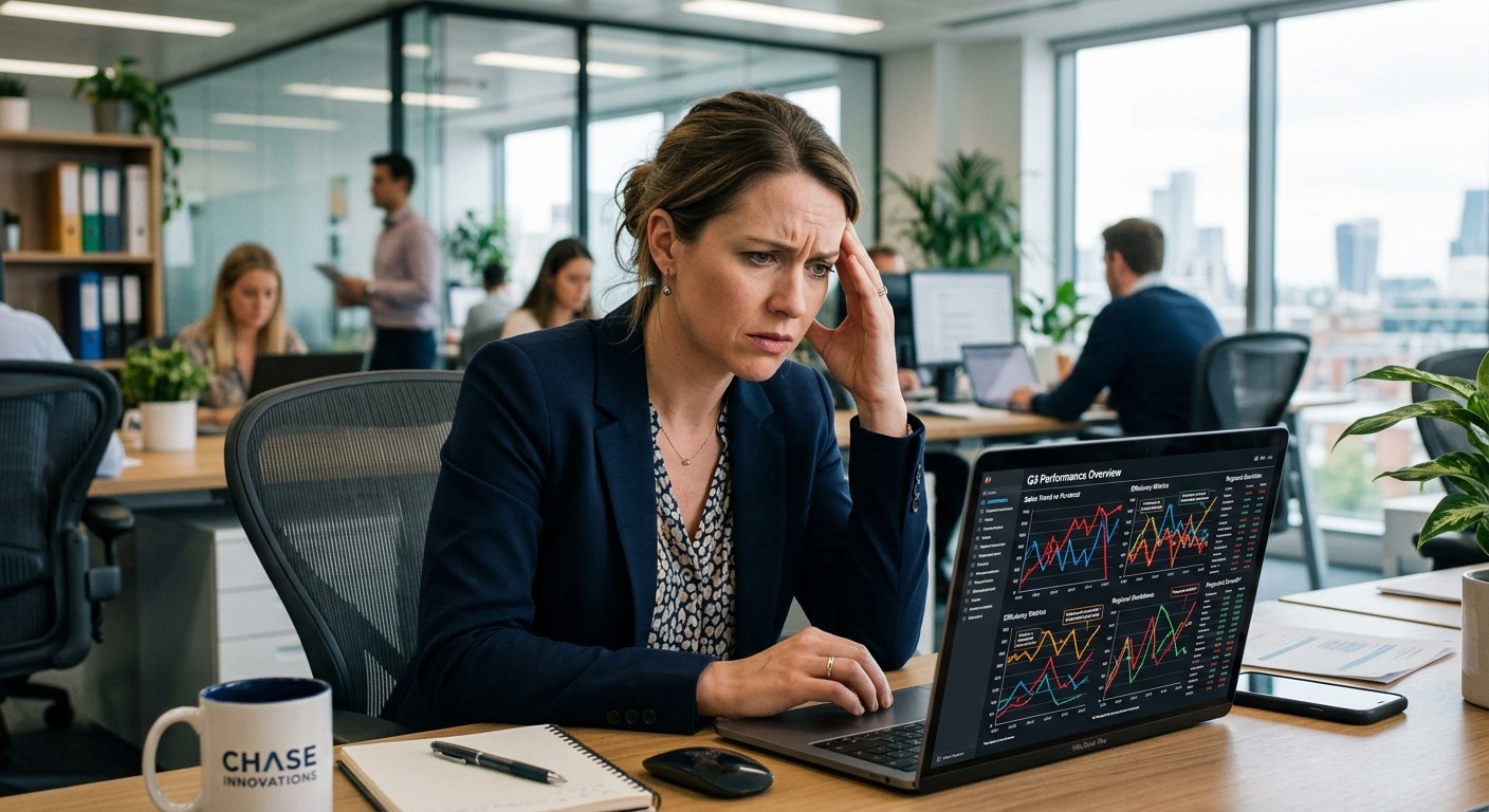 Gestor de negócios analisando um gráfico de desempenho confuso em seu notebook com expressão de preocupação